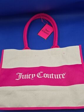 Juicy Couture Hot Pink and Cream Striped Canvas Tote